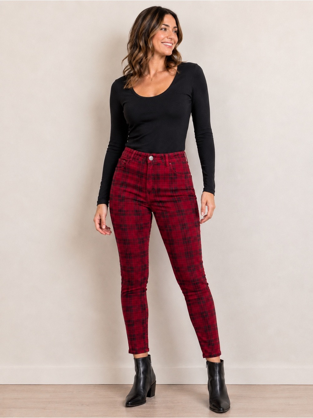 American Eagle Red Plaid Next Level Stretch Skinny Jeans Size 12 Long